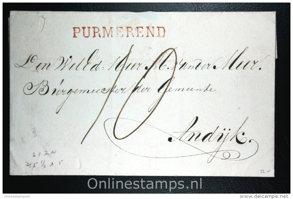 Nederland: Cover Stempel Purmerend Naar Andijk - ...-1852 Vorläufer