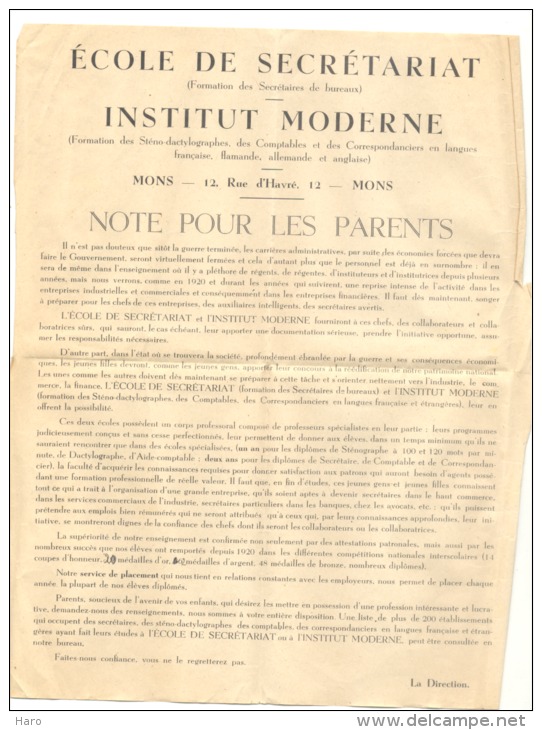 Ecole De Secrétariat De MONS - Institut Moderne - Lettre Aux Parents - Guerre 40/45  (sf83) - 1900 – 1949