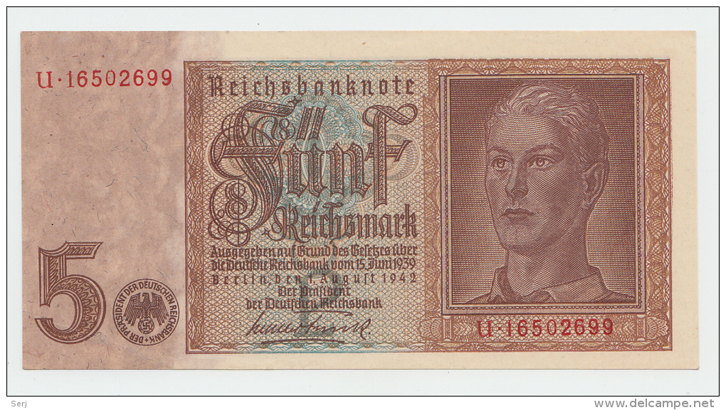 Germany 5 Reichsmark 1942 XF++ AUNC WWII P 186 - 5 Reichsmark