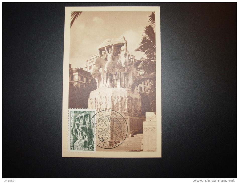 ALGERIE ALGER 1er JOUR FDC CARTE MAXIMUM MONUMENT AUX MORTS 1952 GLOIRE ARMEE - Cartas & Documentos