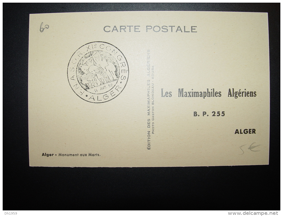 ALGERIE ALGER 1er JOUR FDC CARTE MAXIMUM MONUMENT AUX MORTS 1952 GLOIRE ARMEE - Cartas & Documentos