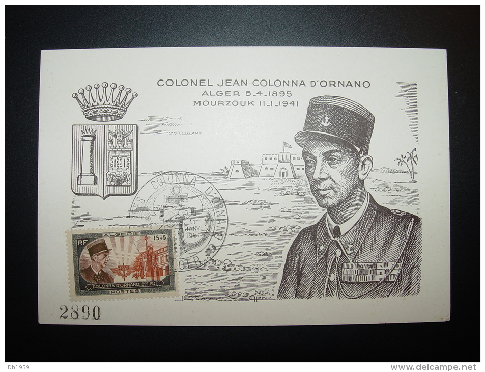 COLONEL JEAN COLONNA D'ORNANO ALGERIE ALGER MOURZOUK 1er JOUR FDC CARTE MAXIMUM 1951 - Cartas & Documentos