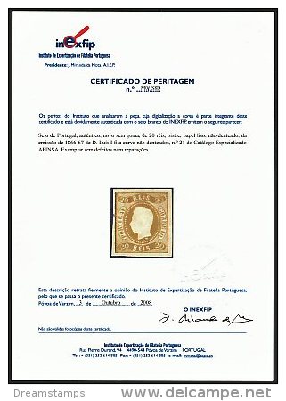 !										■■■■■ds■■ Portugal 1866 AF#21 (*) Curved Label Imperf 20 Réis CERTIFIED (4 Scans) (x0682) - Unused Stamps