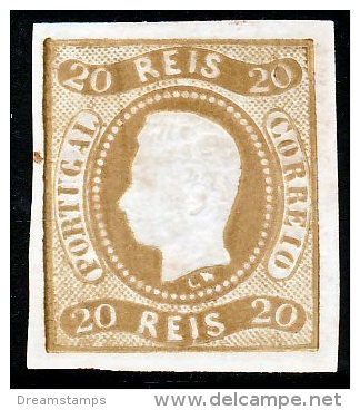 !										■■■■■ds■■ Portugal 1866 AF#21 (*) Curved Label Imperf 20 Réis CERTIFIED (4 Scans) (x0682) - Neufs