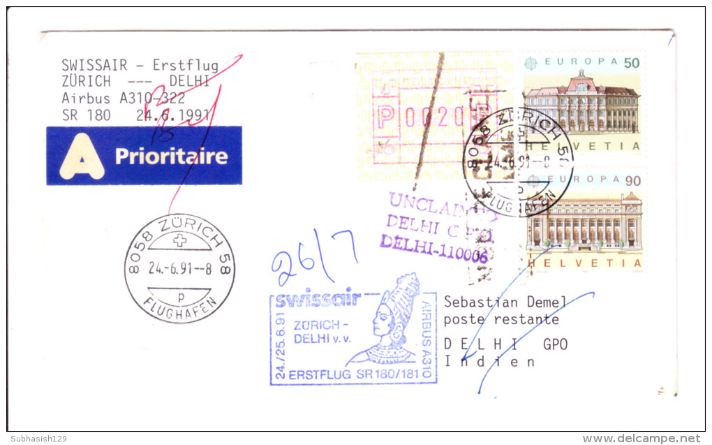 Swiss Air First Flight Cover-zurich To Delhi Flight On 24.06.1973-letter Unclaimed At Delhi G.p.o.-RLO Marking On Back - Covers