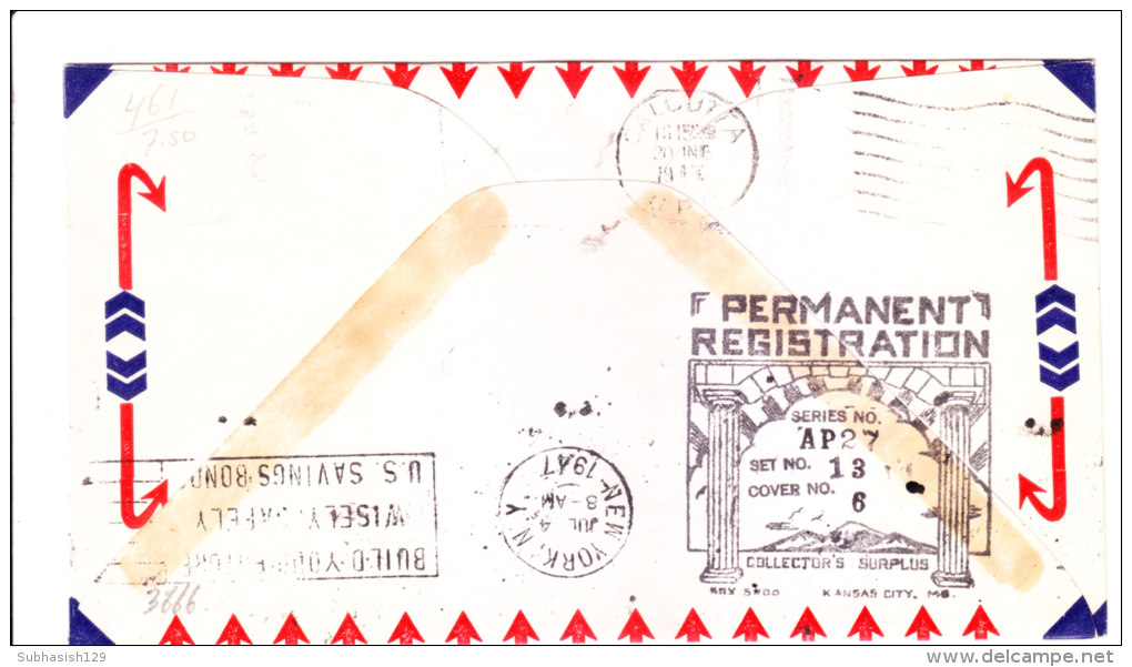 Pan Ameriacan First Flight U.s.a. To India -  San Francisco To Calcutta On 26.06.1947, - Enveloppes