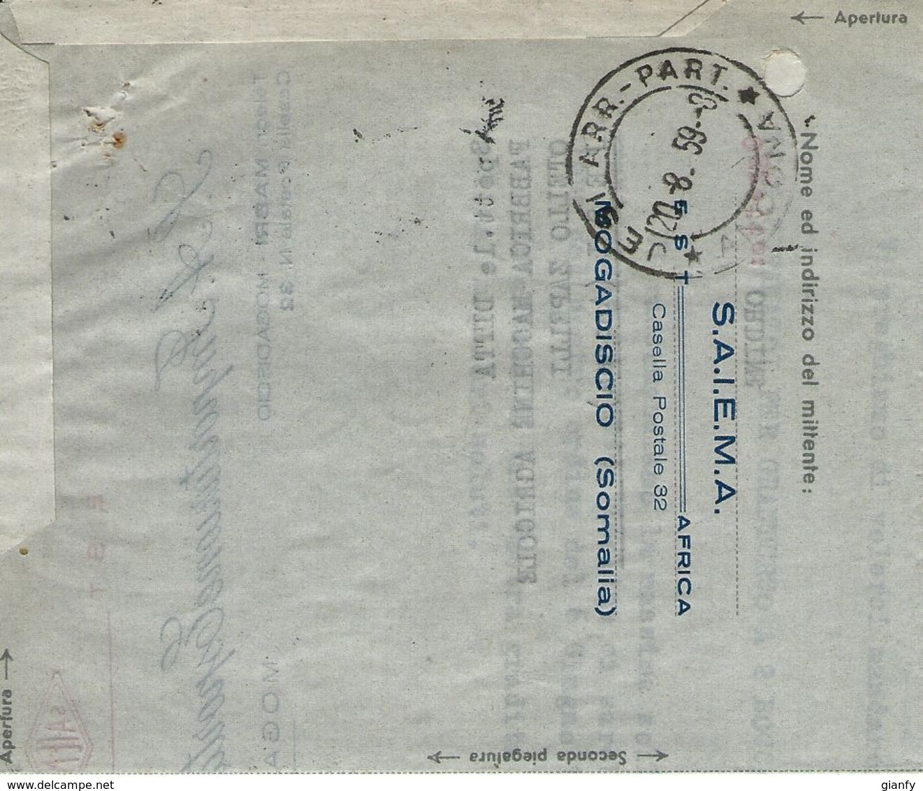 AEROGRAMMA AMMINISTRAZIONE ITALIANA SOMALIA 60 CENT 1959 STAMPA PRIV MOGADISCIO - Somalia (AFIS)