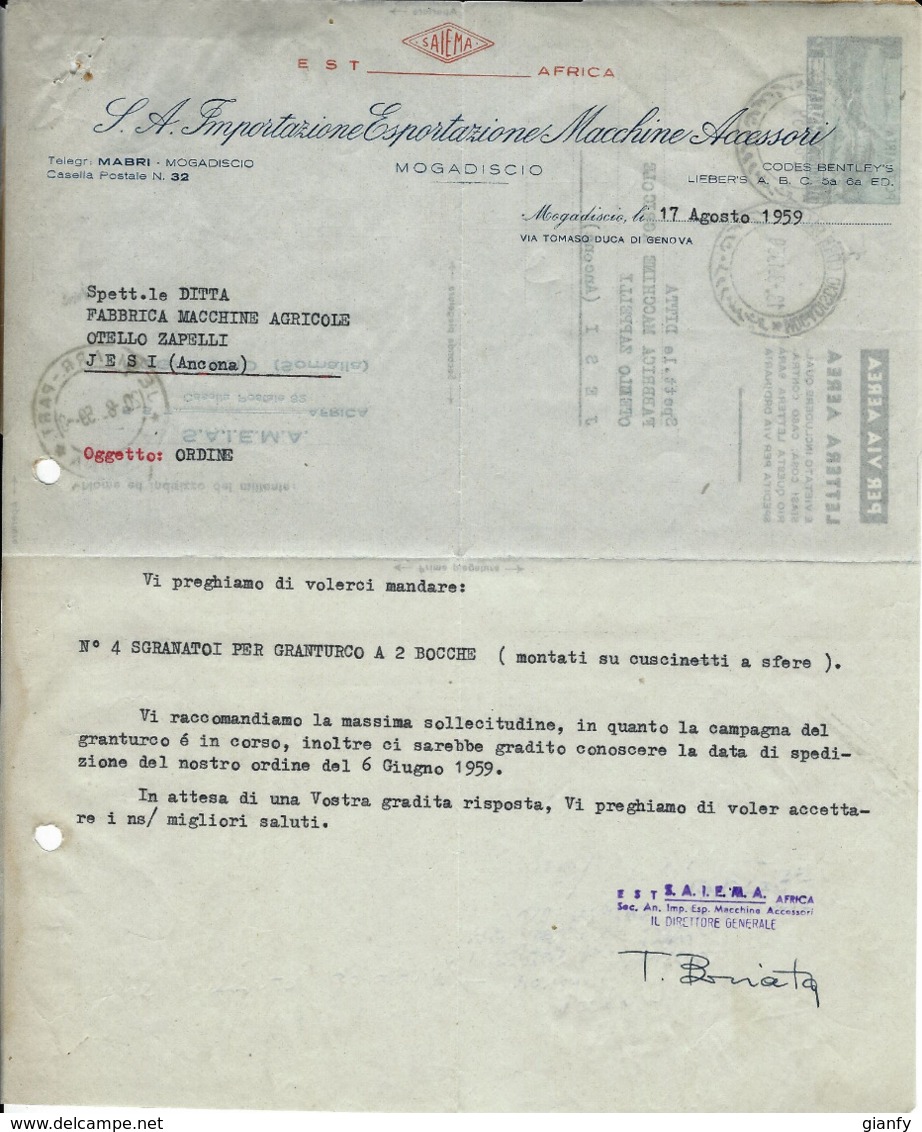 AEROGRAMMA AMMINISTRAZIONE ITALIANA SOMALIA 60 CENT 1959 STAMPA PRIV MOGADISCIO - Somalia (AFIS)