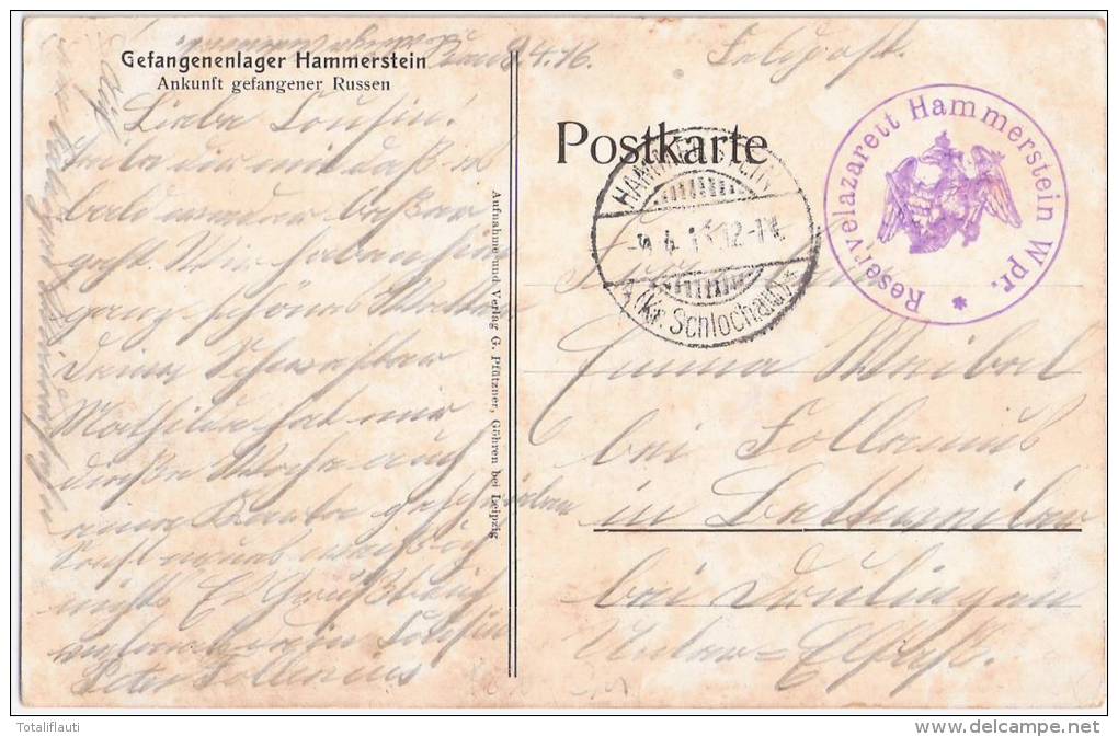 Hammerstein Krieg Gefangenen Lager Czarne Ankunft Russia 10.4.1916 Feldpost Formationsstempel Bahnhof Bahnsteig Waggon - Westpreussen