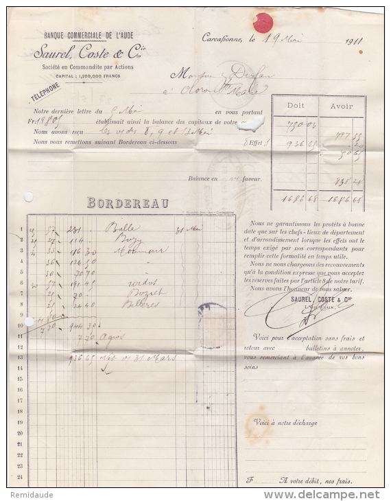 1911 - SEMEUSE PERFORE B.C (BANQUE COMMERCIALE De L´AUDE SAUREL,COSTE Et Cie) Sur LETTRE De CARCASSONNE Pour OLORON - Other & Unclassified