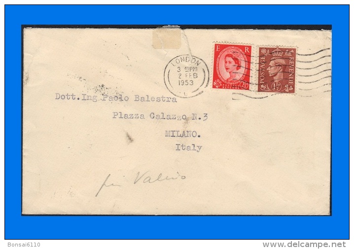 GB 1953-0001, KGVI 1 1/2d & QEII 2 1/2d Cover From London To Milan - Lettres & Documents