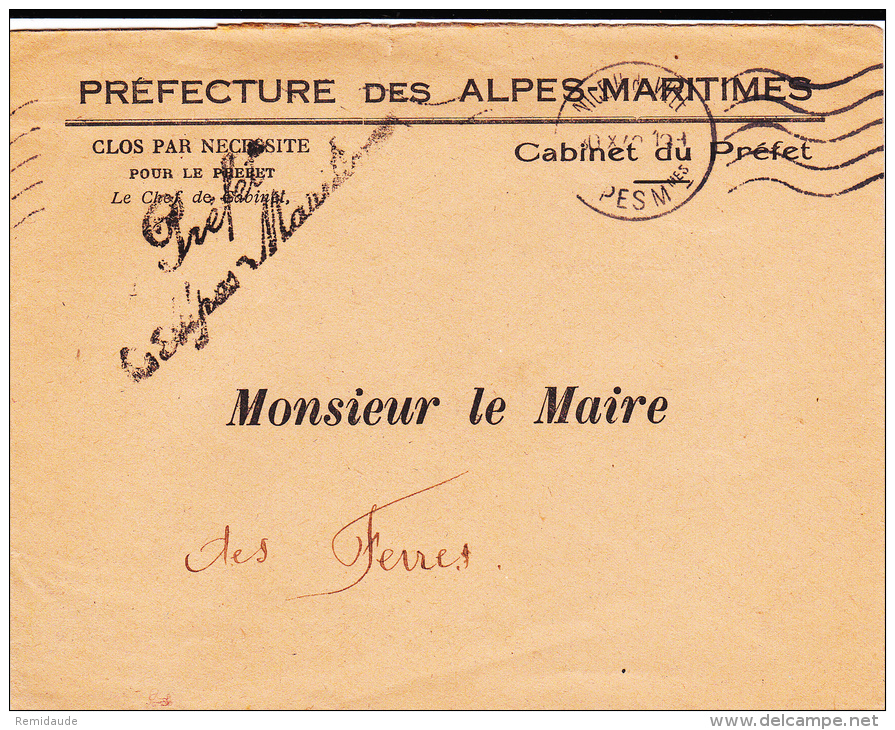 1940 ? - ENVELOPPE Avec FRANCHISE De La PREFECTURE Des ALPES MARITIMES - Lettres Civiles En Franchise