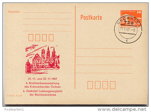 DDR P86II-6-87 C7 Privater Zudruck AUSSTELLUNG BAUWERKE OSCHATZ Stpl. 1987 - Cartes Postales Privées - Oblitérées