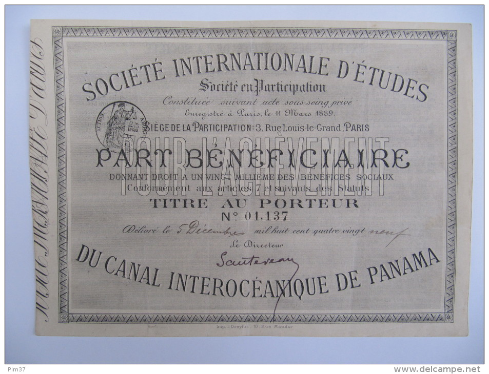 1 Titre Au Porteur - Société Internationale D´Etudes Du Canal Interocéanique De Panama - Autres & Non Classés