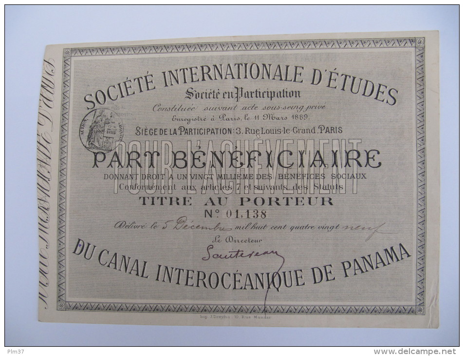 1 Titre Au Porteur - Société Internationale D'Etudes Du Canal Interocéanique De Panama - Autres & Non Classés