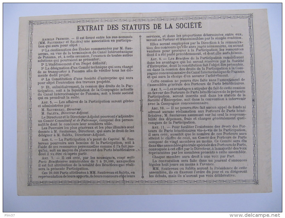 1 Titre Au Porteur - Société Internationale D'Etudes Du Canal Interocéanique De Panama - Autres & Non Classés