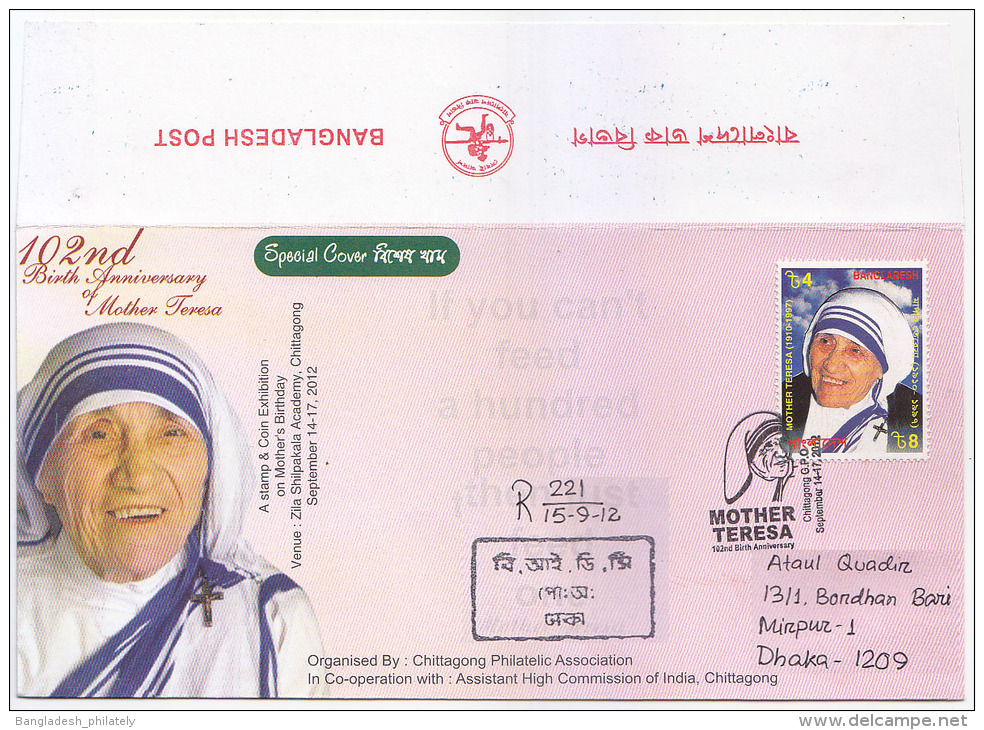 Bangladsh 2012 102nd Birth Anni Mother Teresa Rare RED Flip Official Camp Postmark & Cover Regd Special Expo - Mother Teresa