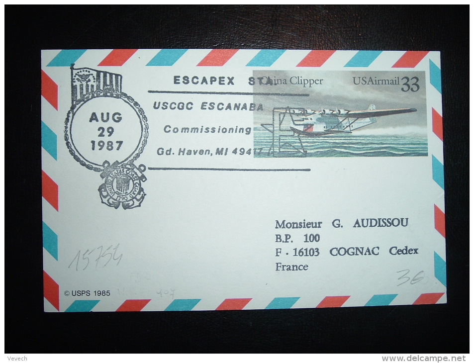CARTE ENTIER CHINA CLIPPER 33 OBL.MEC. AUG 29 1987 ESCAPEX STA USCGC ESCANABA - Marcophilie