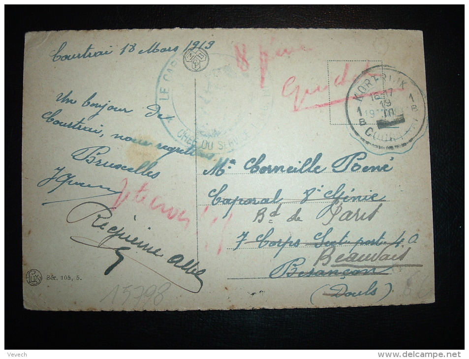 CP OBL. 19 MARS (ANNEE OCCULTEE) KORTRIJK 1B COURTRAI - Fortune Cancels (1919)