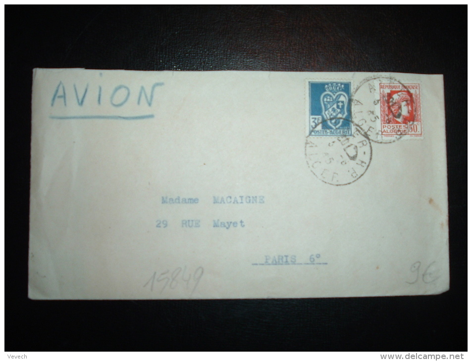 LETTRE PAR AVION TP MARIANNE POSTES ALGERIE 50C + BLASON ALGER 3F OBL. 3-6-45 ALGER RP - 1944 Hahn Und Marianne D'Alger