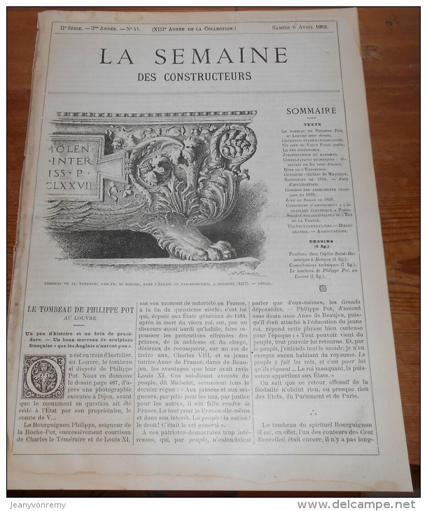 La Semaine Des Constructeurs. N°41. 6 Avril 1889 . Tombeau De Philippe Pot, Au Louvre. - Magazines - Before 1900