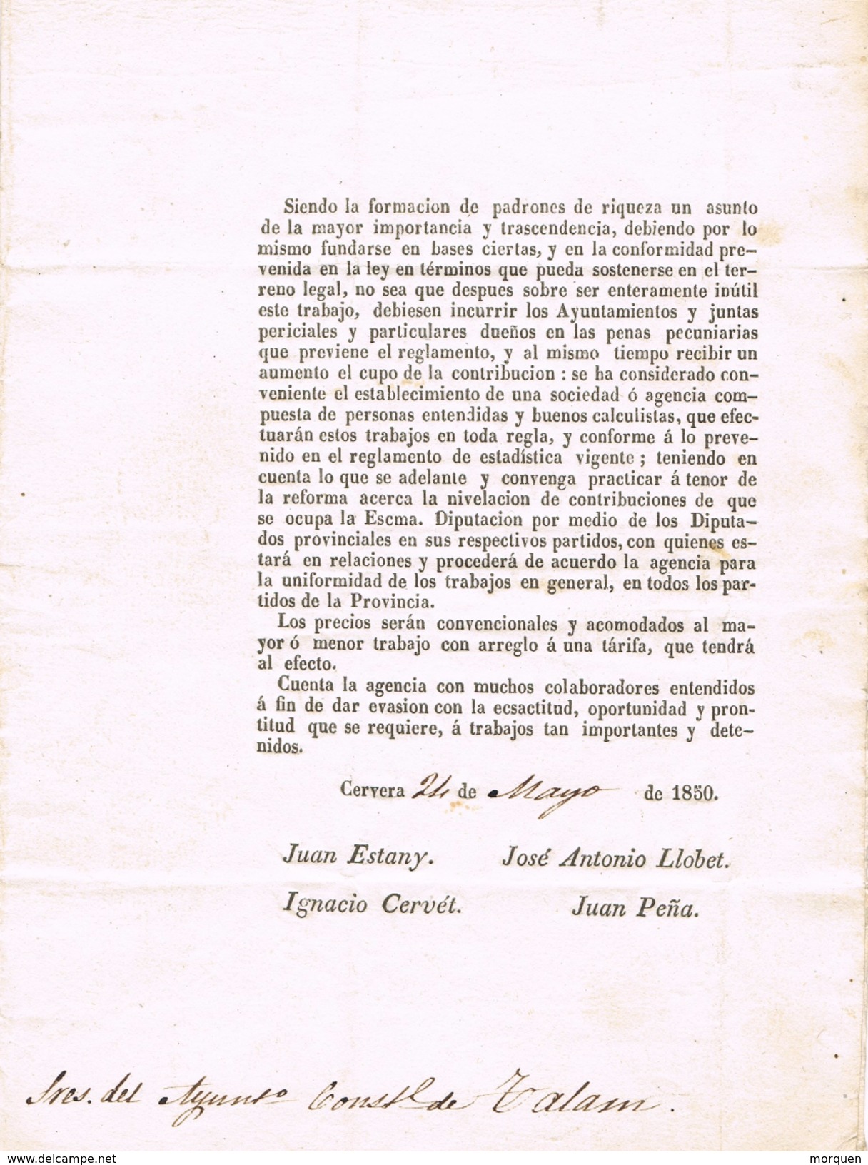 5101. Carta Entera Pre Filatelica CERVERA 1850 A Talarn - ...-1850 Prefilatelia
