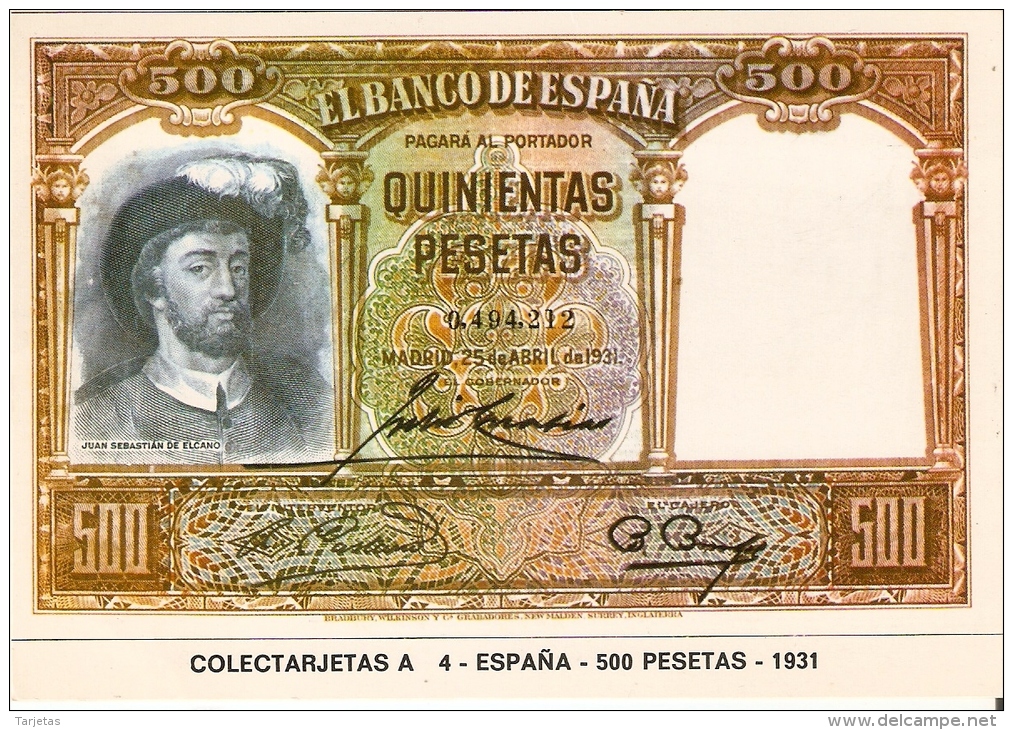 POSTAL DE ESPAÑA DE UN BILLETE DE 500 PTAS DEL AÑO 1931 (BANKNOTE) - Monedas (representaciones)