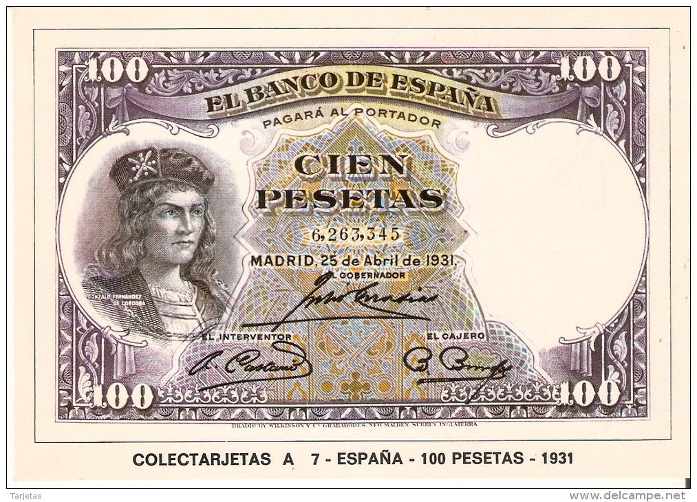 POSTAL DE ESPAÑA DE UN BILLETE DE 100 PTAS DEL AÑO 1931 (BANKNOTE) - Monedas (representaciones)