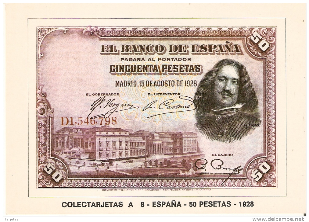 POSTAL DE ESPAÑA DE UN BILLETE DE 50 PTAS DEL AÑO 1928 (BANKNOTE) - Monnaies (représentations)