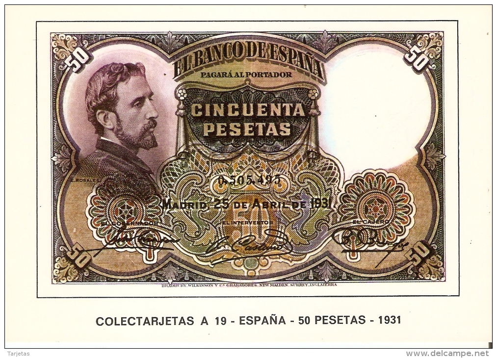 POSTAL DE ESPAÑA DE UN BILLETE DE 50 PTAS DEL AÑO 1931 (BANKNOTE) - Monnaies (représentations)