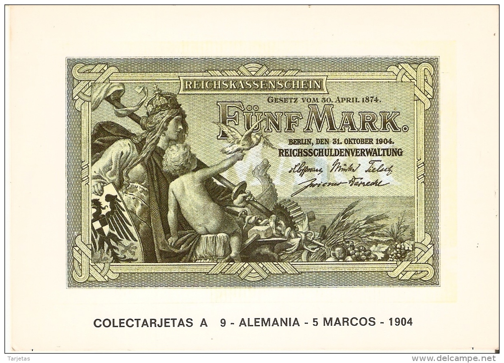 POSTAL DE ESPAÑA DE UN BILLETE DE ALEMANIA DE 5 MARCOS DEL AÑO 1904 (BANKNOTE) - Monedas (representaciones)