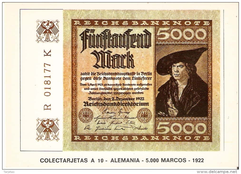 POSTAL DE ESPAÑA DE UN BILLETE DE ALEMANIA DE 5000 MARCOS DEL AÑO 1922 (BANKNOTE) - Monete (rappresentazioni)