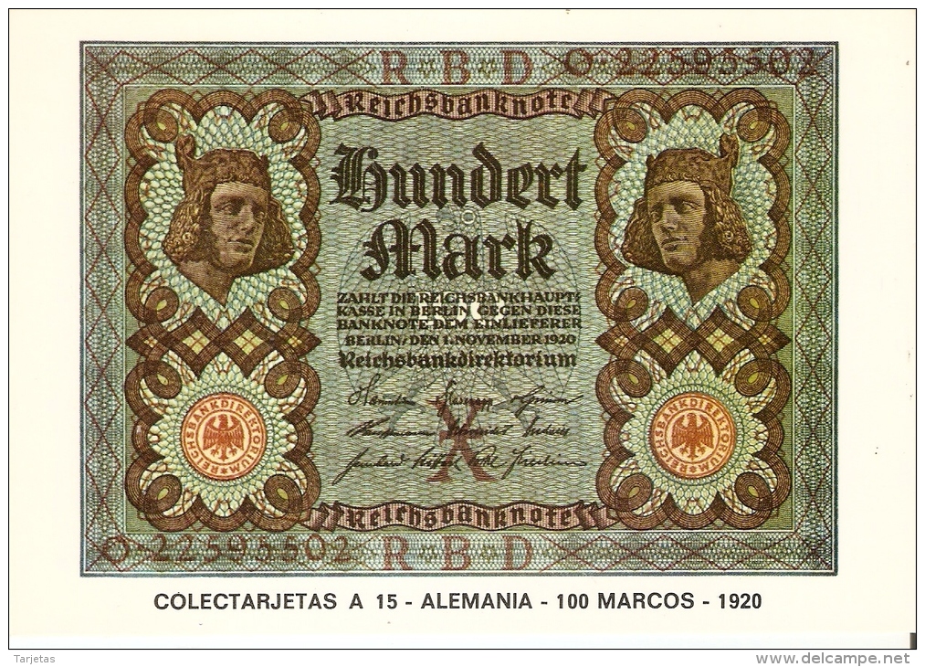 POSTAL DE ESPAÑA DE UN BILLETE DE ALEMANIA DE 100 MARCOS DEL AÑO 1920 (BANKNOTE) - Coins (pictures)