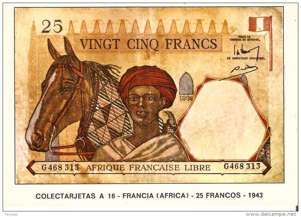 POSTAL DE ESPAÑA DE UN BILLETE DE FRANCIA (AFRICA) DE 25 FRANCOS DEL AÑO 1943 (BANKNOTE) - Monedas (representaciones)