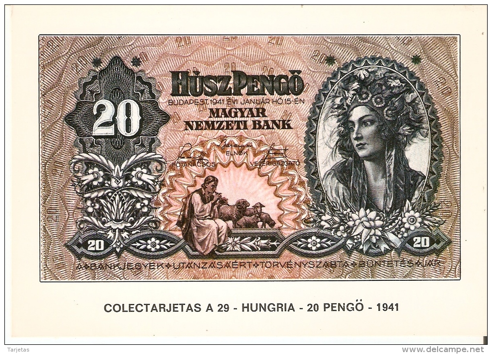 POSTAL DE ESPAÑA DE UN BILLETE DE HUNGRIA DE 20 PENGO DEL AÑO 1941 (BANKNOTE) - Monnaies (représentations)