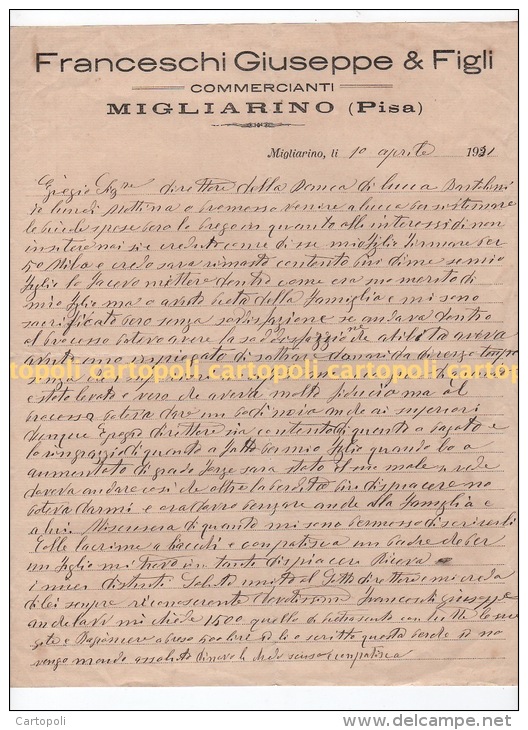 ^ MIGLIARINO PISANO VECCHIANO PISA FRANCESCHI CARTA INTESTATA LETTERA FASCISMO DOCUMENTO 33 - Historische Documenten