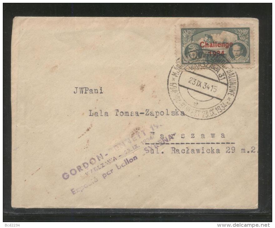 POLAND 1934 GORDON BENNETT BALLOON RACE COVER FLOWN SYRENA FROM WARSZAWA TO SZCZUCZYN BIALYSTOCKI LABEL ON REVERSE - Balloons