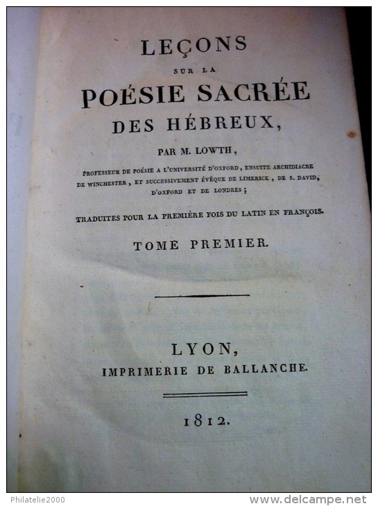 Leçons Sur La Poésie Sacrée Des Hébreux.   Lowth 1812 - 1801-1900