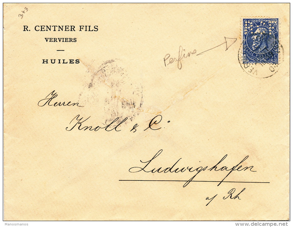 452/21 - Lettre TP Fine Barbe 25 C VERVIERS 1904 - PERFORE R.C.F. Entete R. Centner Fils - Verso TB Vignette Expo Liège - 1863-09