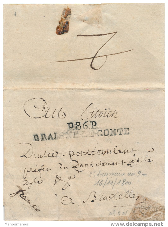 482/21 - Lettre Précurseur En Port Payé P86P BRAISNE LE COMTE An 9/ 1800 - Herlant Indice 30 - 1794-1814 (Période Française)