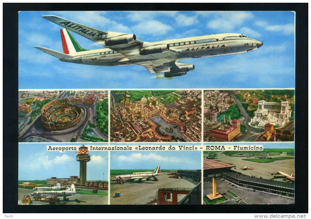 T1208 CARTOLINA ILLUSTRATA ROMA AEROPORTO LEONARDO DA VINCI VEDUTINE AEREO ALITALIA   FG. V. - Transportes