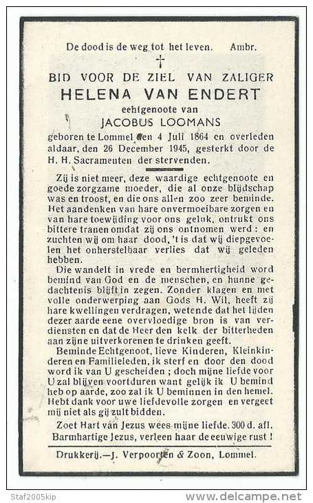 Doodsprentje -  HELENA VAN ENDERT - Lommel 1864 - 1945 - Religión & Esoterismo