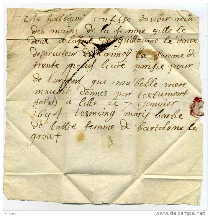 Lettre De Lille  écrite Le  7 Janvier 1694 / Dept Du Nord - ....-1700: Voorlopers