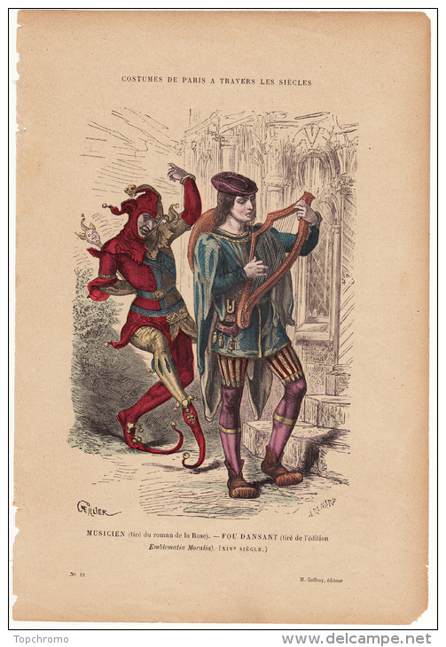 Gravure Coloriée Costumes De Paris à Travers Les Siècles Musicien (tiré Du Roman De La Rose) Fou Dansant (XIVème Siècle) - Prints & Engravings