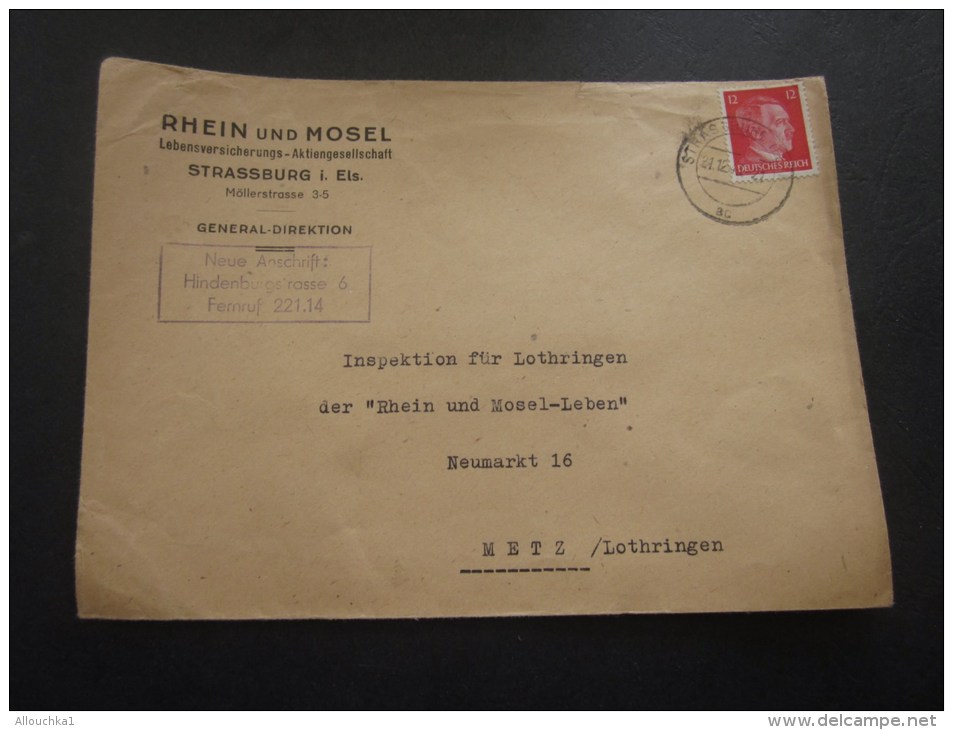 Enveloppe Rhein/Mosel Alsace Lorraine Annexée Occupation Allemande Cachet à Date Manuel STRASSBURG Timbre Hitler 1944 - 1921-1960: Modern Period