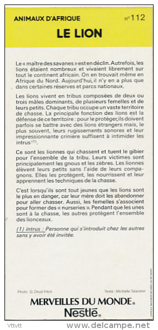 Fiche Cartonnée, NESTLE "Merveilles Du Monde", LE LION, N° 112, "Animaux D'Afrique" - Schokolade