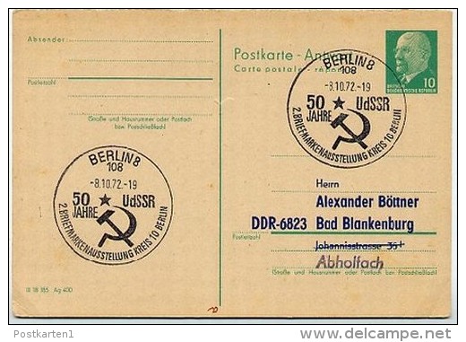 AUSSTELLUNG 50 J. UdSSR Berlin 1972 Auf DDR P77A Antwort-Postkarte ZUDRUCK BÖTTNER #4 - Private Postcards - Used