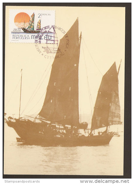 Macau Bateau De Pêche Traditionnel Carte Maximum 1984 Macao Traditional Fishing Boat Maxicard - Maximumkarten