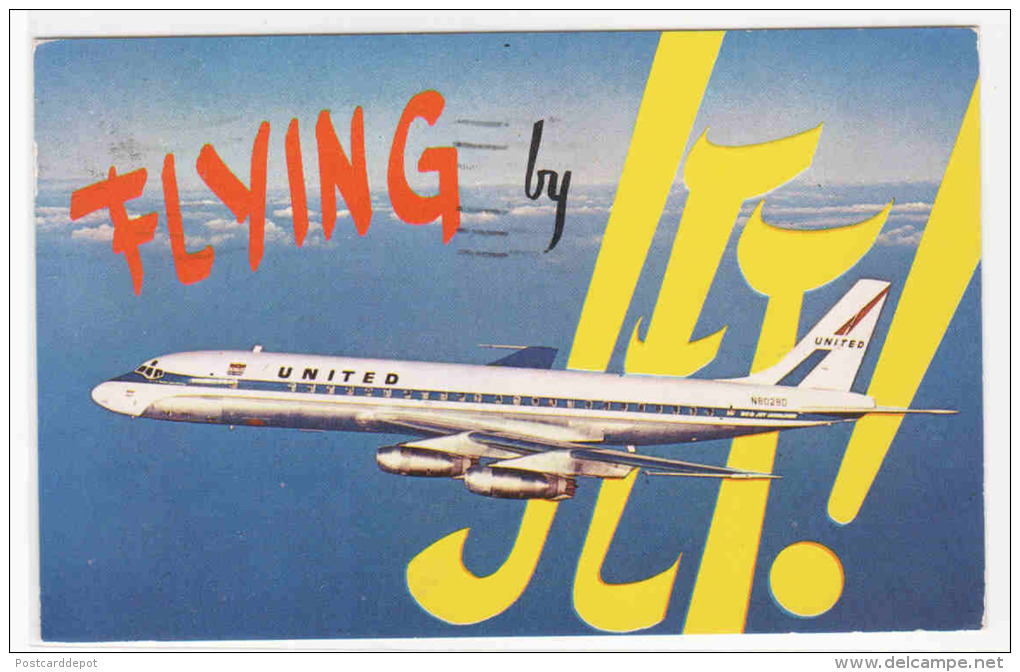 United Airlines DC-8 Flying By Jet Plane Aircraft 1960 Postcard - 1946-....: Moderne