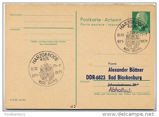 1000 J.  HARZGERODE WAPPEN 1971 Auf  DDR P77A Antwort-Postkarte ZUDRUCK #4 - Omslagen